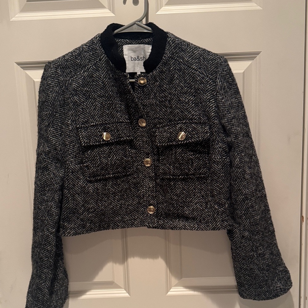ba&sh Black Herringbone Cropped Tweed Blazer with Gold Buttons